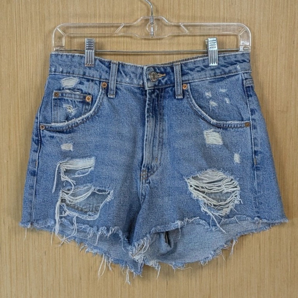 Zara Denim Shorts Womens 4 Ripped Cut Off Distressed Frayed Blue Festival Rocker